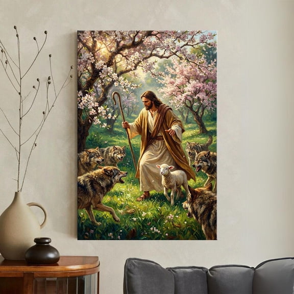 Jesus Good Shepherd Print Christian Wall Art Biblical Protecting Lamb From Wolves Religious Home Decor Faith, Unframed Paper Poster 8x10in