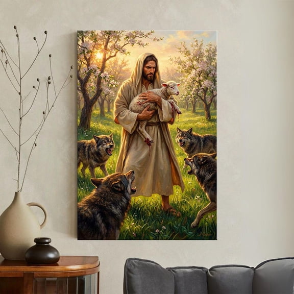 Jesus Good Shepherd Print Christian Wall Art Christ Protecting Lamb From Wolves Biblical Religious Home Decor Faith Unframed Paper Print