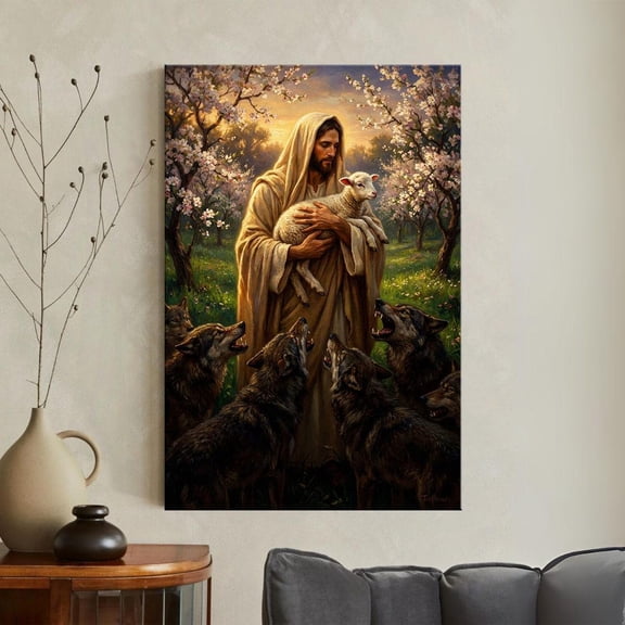 Jesus Good Shepherd Print Christian Wall Art Jesus Protecting Lamb From Wolves Biblical Religious Decor Faith Idea Unframed Paper Print