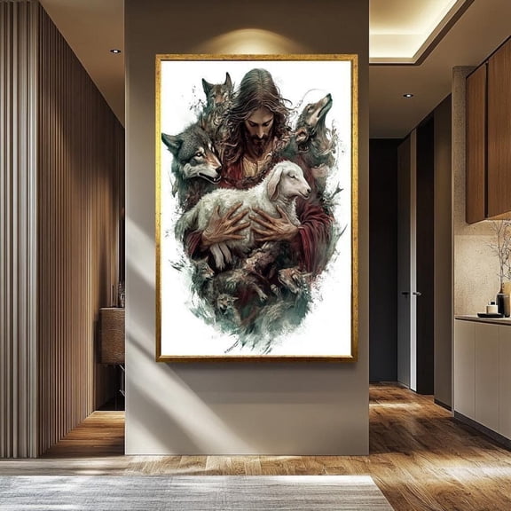 Jesus Good Shepherd Wall Art Christian Wolf And Lamb Religious Wall Decor Sacred Art Print, Unframed Canvas 16x20in