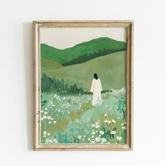 Jesus In Green Pasture Wall Art Print, Christian Landscape Artwork, Inspirational Faith-Based Decor, Rustic Wildflower Scene For Home Wall Art, Modern Wall Decor, 8x12 UNFRAMED