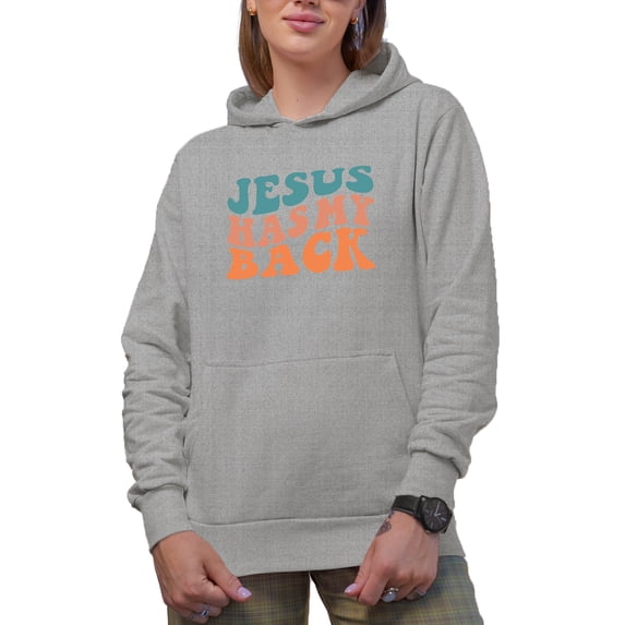 Jesus Has My Back, Comforting Quote About God's Support and Protection, Groovy Retro Wavy Text Merch Gift, Heather Grey Hooded Sweatshirt or Hoodie, Medium