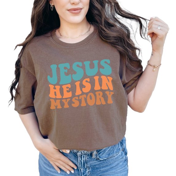 Jesus, He Is in My Story, Quote About Involving Christ in Your Life, Groovy Retro Wavy Text, Espresso Comfort Colors T-Shirt, XL