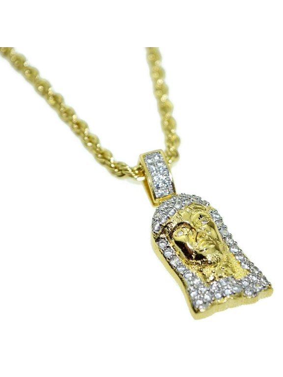 Jesus Head Chain Micro Pave Iced Bling Gold Finish 24" Rope Necklace Small 1" Pendant