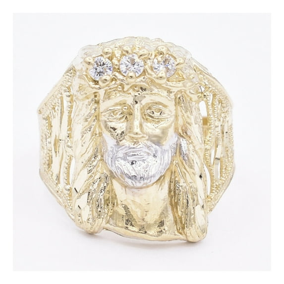 CZ Diamond-Cut Jesus Head Textured Men’s Adult Ring 10K Yellow White Gold, 5.14 Gr – Goldum NYC