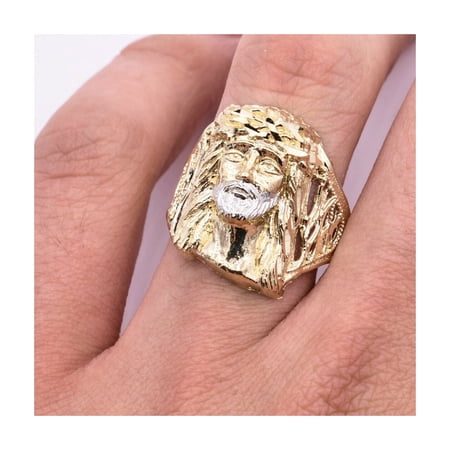 Diamond-Cut Jesus Head Textured Men’s Adult Ring 10K Yellow White Gold, 6.23 Gr - GOLDUM NYC