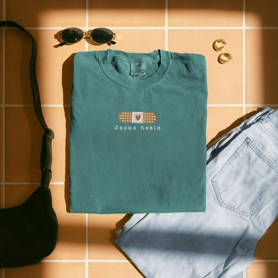 Jesus Heals Embroidered Comfort Colors Tee: Christian Gift for Healing, Minimalist Faith Diagnosis Gift