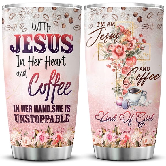 With Jesus In Her Heart And Coffee In Her Hand Insulated Stainless Steel Tumbler Flower Floral Christian Coffee Cup 20oz God Jesus Gifts For Women Religious Mug With Lid