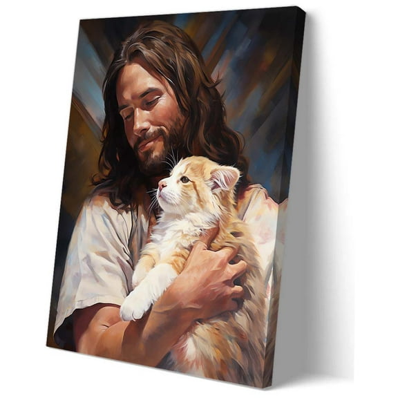 Jesus Holding A Cat Wall Art Home Modern Poster for Bedroom Giclee Fine Art Print Pictures Painting Canvas Colouring Decoration for Bathroom