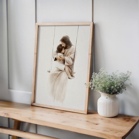 Jesus Holding Child On Swing Daughter Of God I Will Give You Rest Tender Loving Care Christian Wall Art, Unframed Paper Poster 8x10in