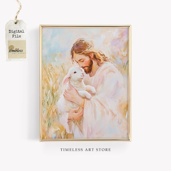 Jesus Holding Lamb Christian Religious Wall Art Faith Inspired Artwork Spiritual Home Decor, Unframed Canvas 16x20in