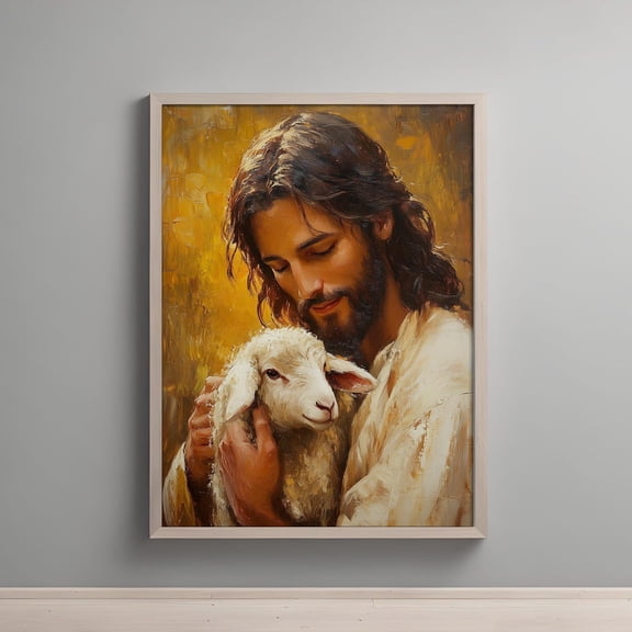 Jesus Holding Lamb Print Christian Wall Art Religious Home Decor Spiritual Artwork Bible Verse Faith Idea, Unframed Canvas 24x36in