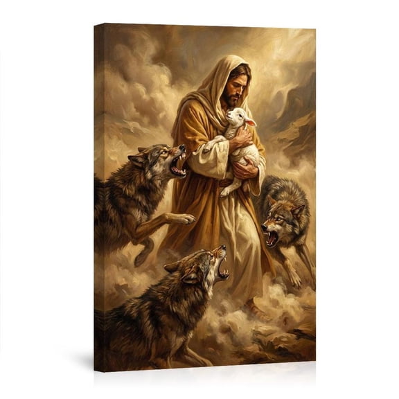 Jesus Holding Lamb Wolves Art Religious Wall Decor Canvas