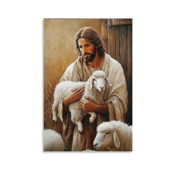 Jesus Holding Little Lamb in Sheepfold Wall Art Our Faithful Shepherd Vintage Canvas Painting Art Poster Canvas Painting Decor Wall Print Photo Gifts Home Modern Decorative Posters 24x36inch(60x90cm)