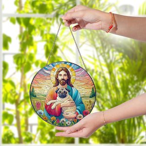 Jesus Holding Pug Glass Suncatcher: Christian Pet Memorial Window Ornament, Suncatcher Window Hanging, 7.9 in