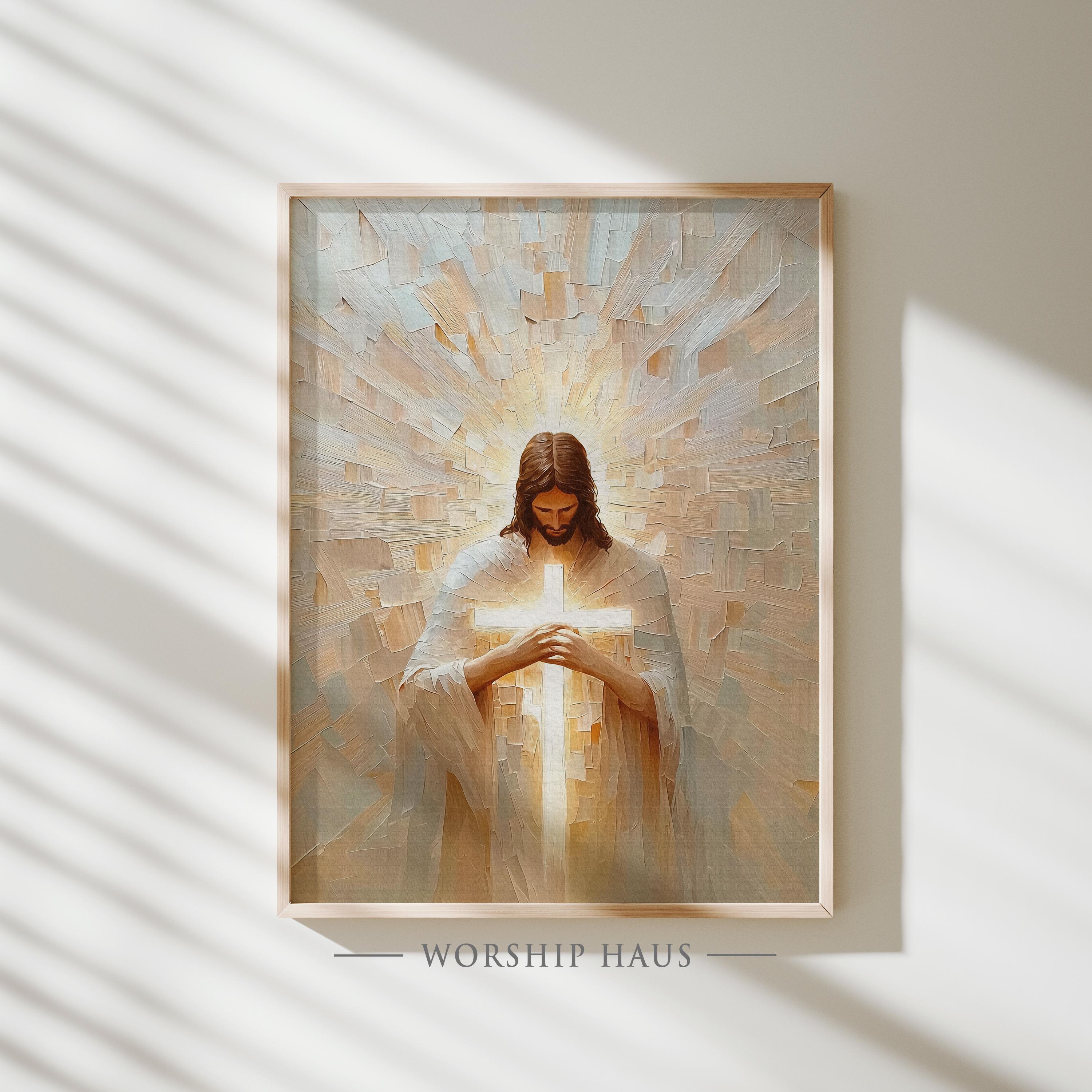 Jesus Holding The Cross Of Light Christian Radiant Savior Scene ...