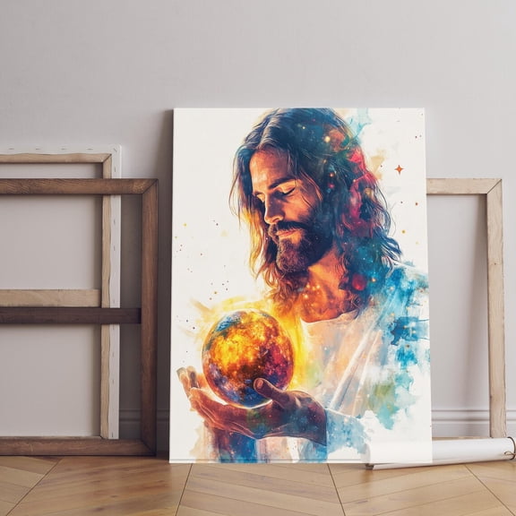 Jesus Holding The Earth Inspirational Christian Wall Art Spiritual For Baptism Or Confirmation, Unframed Canvas 8x10in