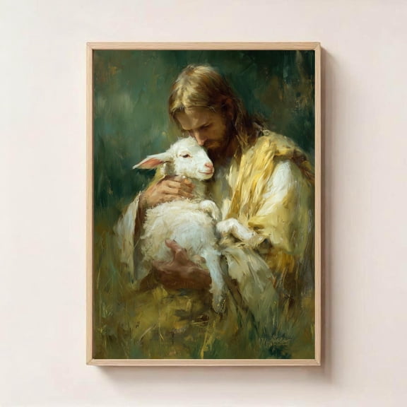 Jesus Holding a White Lamb Good Shepherd Divine Compassion Art, Unframed Canvas 8x10in