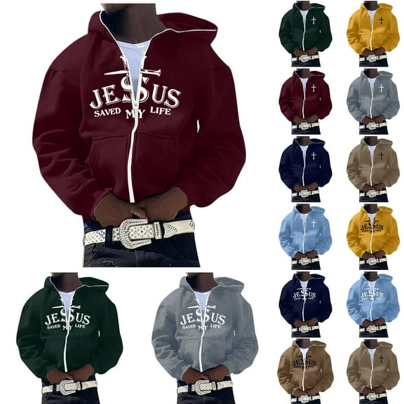 Jesus Hoodie Mens Vintage Cross Print Long Sleeve Zip Up Hoodies Casual Fall Winter Hooded Jacket Streetwear Relaxed Fit Men's Fashion Hoodies Sweatshirts