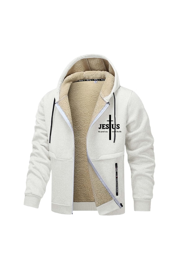 Jesus Hoodie for Men Fleece Lined Zip Up Plus Size Christian Faith Outdoor Heavyweight Jacket With Pockets Hoodies for Teens White XL