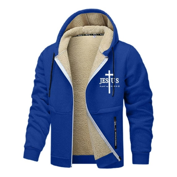 Jesus Hoodie for Men Fleece Lined Zip Up Plus Size Christian Faith Outdoor Heavyweight Jacket With Pockets Mens Hoodies Blue S
