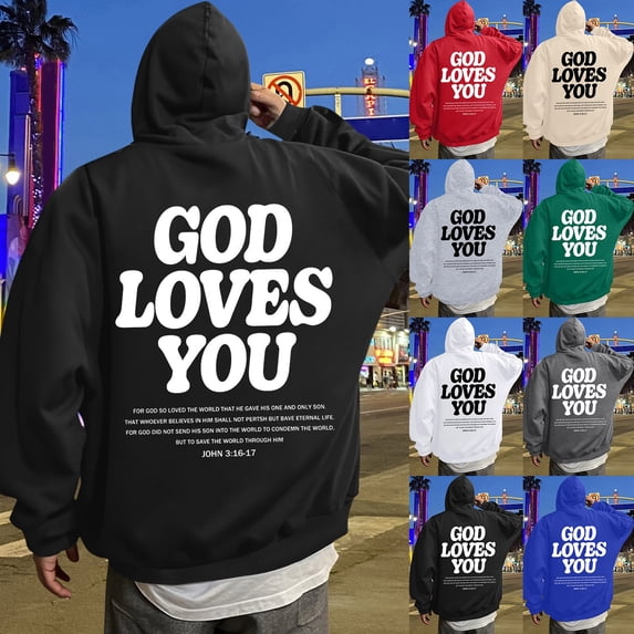 Jesus Hoodie for Men God Loves You Print Zip Up Christian Faith Sweatshirt Y2K Spring Fall Beige L