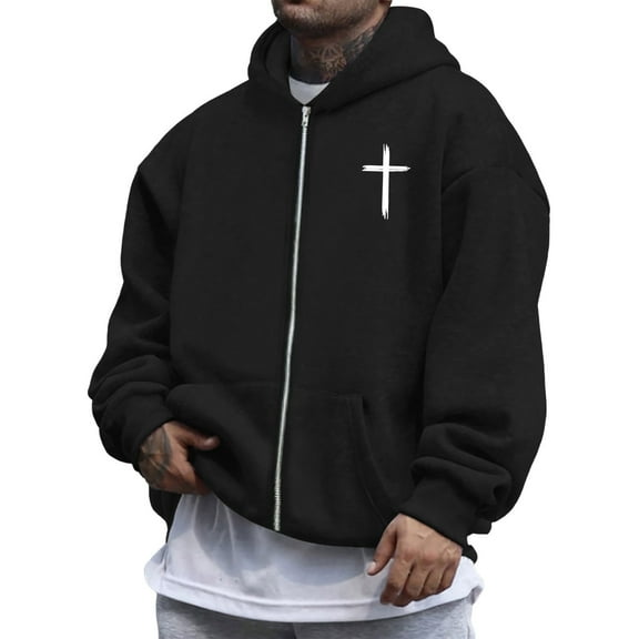 Jesus Hoodie for Men God Loves You Print Zip Up Christian Faith Sweatshirt Y2K Spring Fall Black L