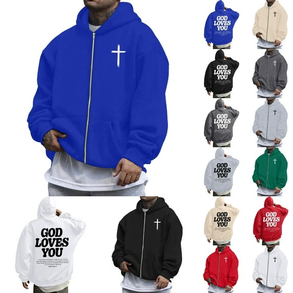 Jesus Hoodie for Men Loose Fit Zip Up Letter Print Long Sleeve Hoodies Casual Fall Winter Streetwear Mens Hoodies