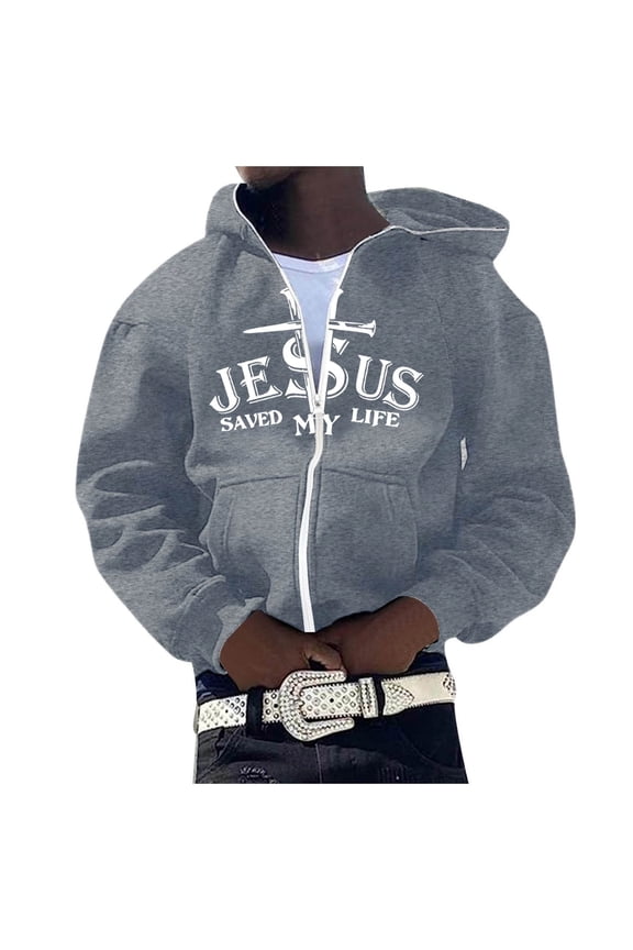 Jesus Hoodie for Men Vintage Zip Up Letter Print Long Sleeve Hoodies Fall Winter Relaxed Fit Streetwear Casual Workout Hoodies for Men