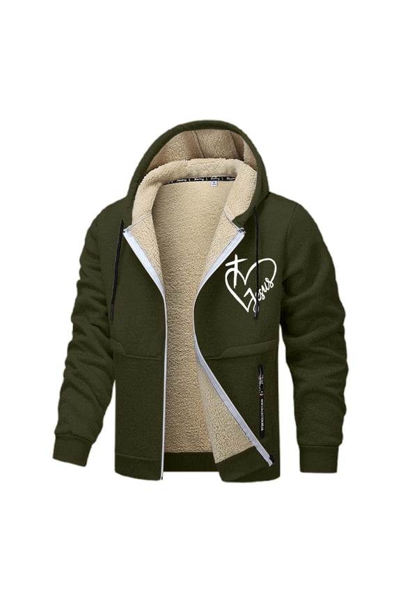 Jesus Hoodies for Men Christian Fleece Lined Zip Up Cross Thick Heavyweight Jackets Winter Warm Army Green M