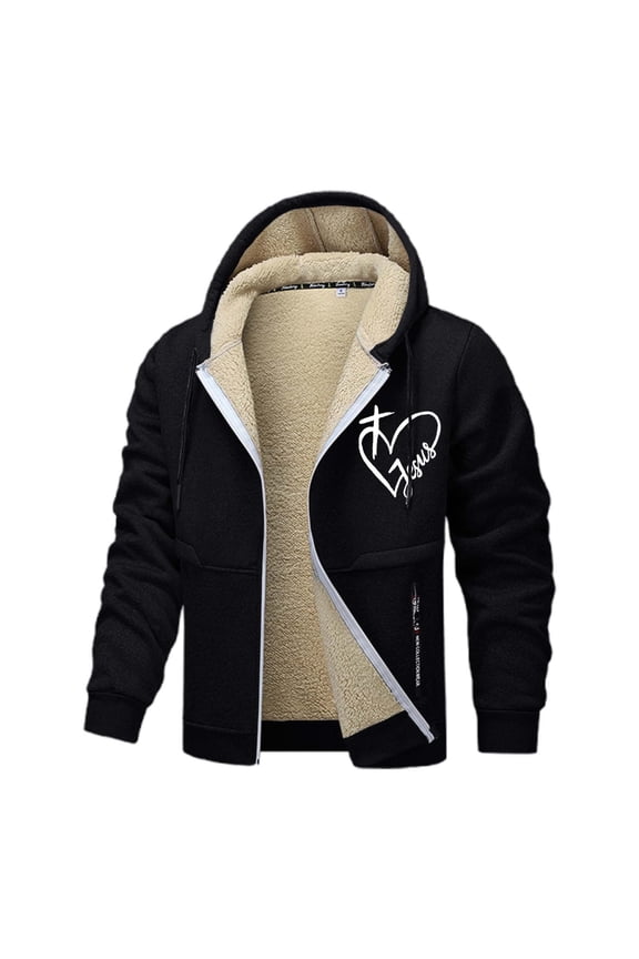 Jesus Hoodies for Men Christian Fleece Lined Zip Up Cross Thick Heavyweight Jackets Winter Warm Black XXXL