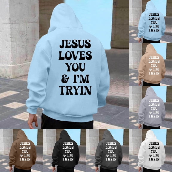 Jesus Hoodies for Men Oversized Faith Fall Pullover Sweatshirts Graphic Letter Print Winter Hooded Sweater Shirts