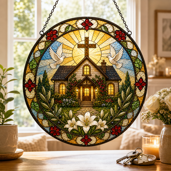 Jesus Housewarming Gift Stained Glass Suncatcher for Window Hanging, Christian Blessing