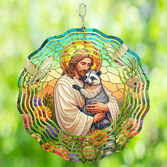 Jesus Hugging Raccoon Metal Wind Spinner 3D Funny Religious Garden Decor