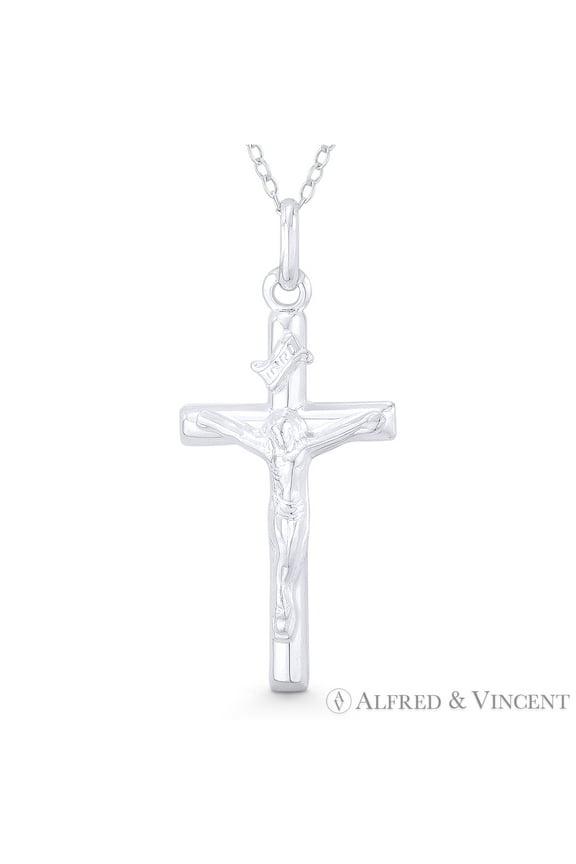 Jesus & INRI Catholic Crucifix Christian Cross Pendant w/ Chain Necklace in .925 Sterling Silver