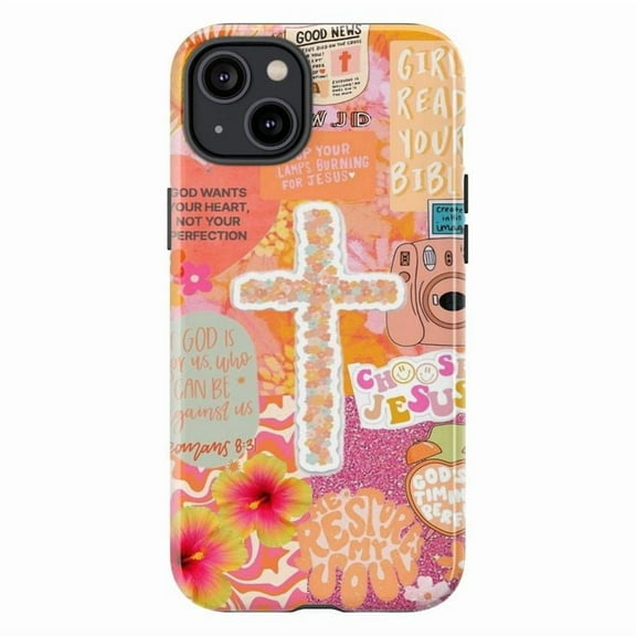 Jesus Inspirational Phone Case, Faith & Christian Affirmations Collage iPhone Cover, Colorful Cross & Bible Quotes Design for iPhone 16 15 14 13 12 11 Pro Plus Max Mini