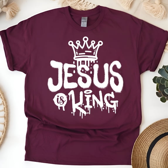 Jesus Is King Christian T-Shirt for Men and Women, Maroon, Size XL