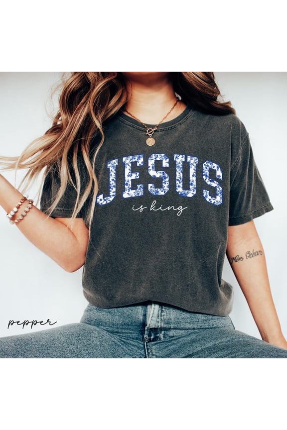 Jesus Is King Shirt – Blue Floral Toile de Jouy Christian Tee, Faith Based Aesthetic T-Shirt, Christian Gift, 100% Cotton