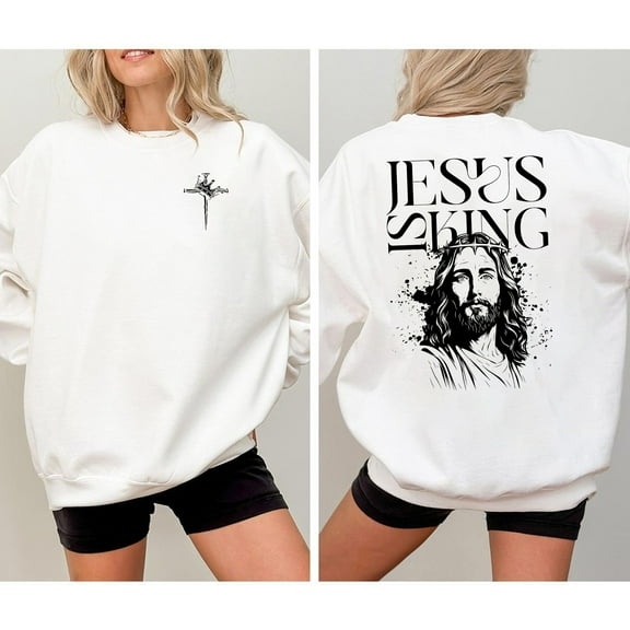 Jesus Is King Sweatshirt – Artistic Christian Cross & Face Graphic Pullover