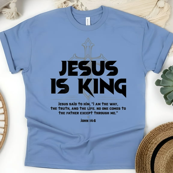 Jesus Is King T-Shirt | Christian Cross Graphic Bible Verse Tee, CarolinaBlue, Size S