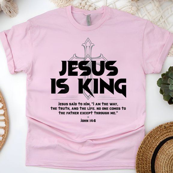 Jesus Is King T-Shirt | Christian Cross Graphic Bible Verse Tee, Light Pink, Size S
