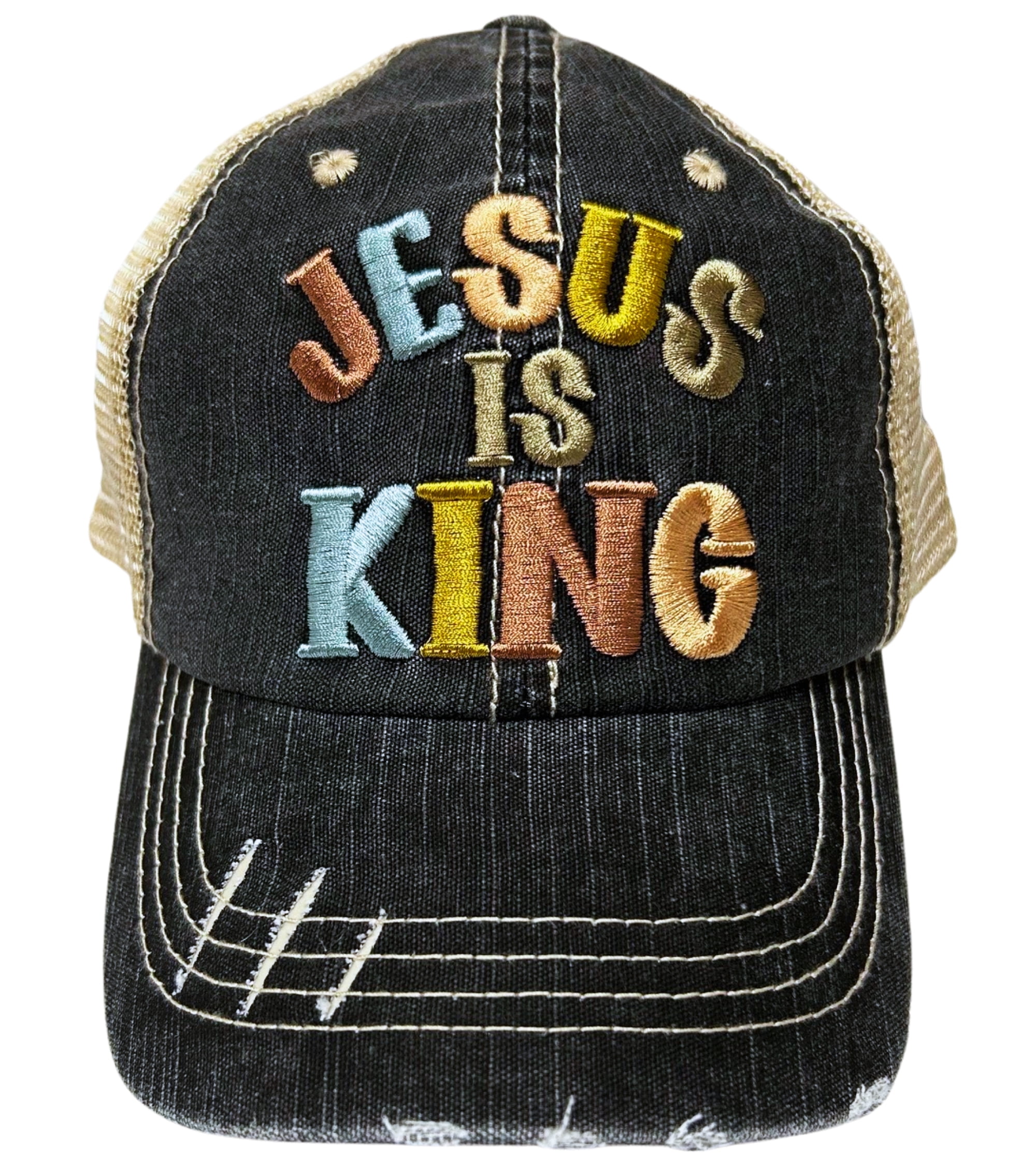 Retro Style Jesus Christ King Embroidered Patch Mesh Flat Bill Hat Cap Religious Custom Mesh Cap Hat Embroidered Jesus is King Medieval Style  main image 4