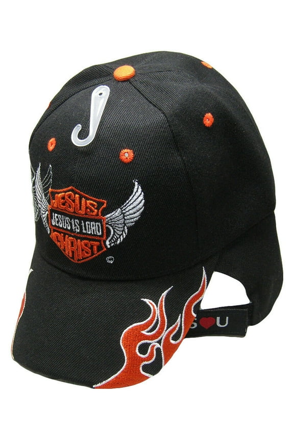 Jesus Is Lord Biker Style Christian Flame Black Embroidered Cap Hat Jesus Christ