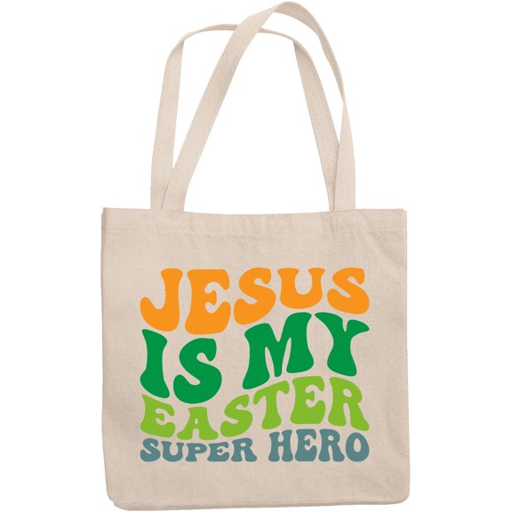 Jesus Is My Easter Super Hero, Groovy Retro Wavy Text Merch Gift, 12oz Canvas Tote Bag