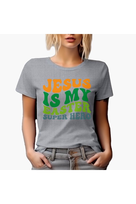 Jesus Is My Easter Super Hero, Groovy Retro Wavy Text Merch Gift, Heather Grey T-Shirt, Small