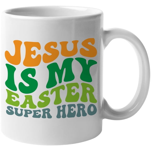 Jesus Is My Easter Super Hero, Groovy Retro Wavy Text Merch Gift, White 11oz Ceramic Mug