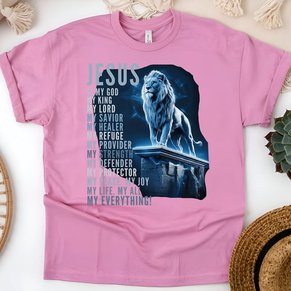 Jesus Is My Everything Lion Christian T-Shirt for Men and Women, Azalea, Size L