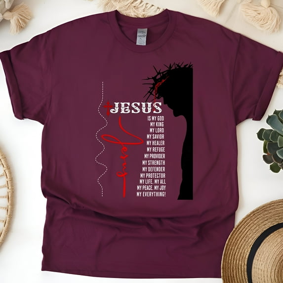Jesus Is My Everything T-Shirt, Crown of Thorns Christian Faith Graphic Tee, Maroon, Size XL