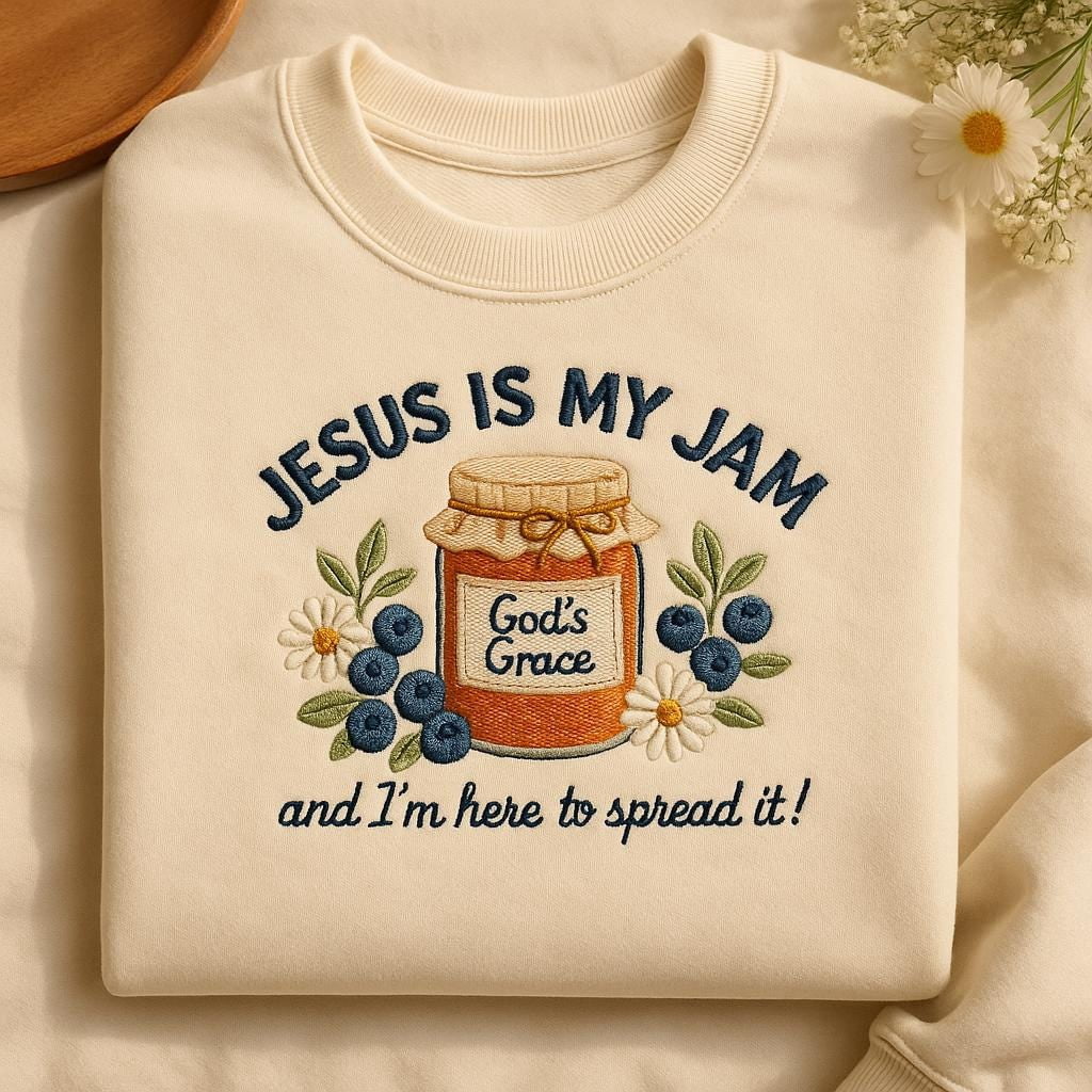 Jesus Is My Jam Embroidered Sweatshirt, God's Grace Blueberry Shirt ...