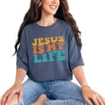 thumbnail image 1 of Jesus Is My Life, Quote About Christ Being Your All in All, Groovy Retro Wavy Text, Denim Comfort Colors T-Shirt, Small, 1 of 1